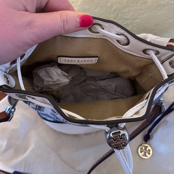 Tory Burch Mini T Monogram Denim Bucket Bag - Picture 7 of 8